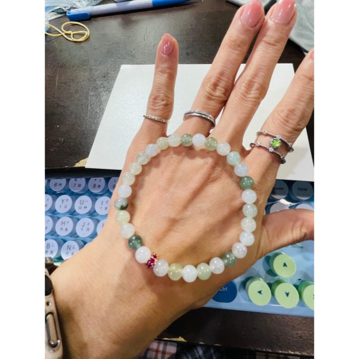 天然A貨緬甸玉 冰多寶6mm圓珠翡翠手鍊/手串17cm手圍 冰微透繩雪梨黃.白冰.晴綠.油綠.飄花 完美度95%-細節圖10