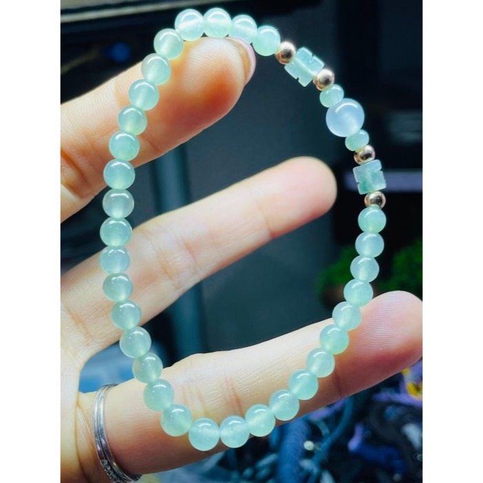 天然A貨緬甸玉 冰玻晴綠5mm圓珠翡翠手鍊/手串17cm手圍 顆顆帶色 起光透繩 頂珠7咪白月光-細節圖9