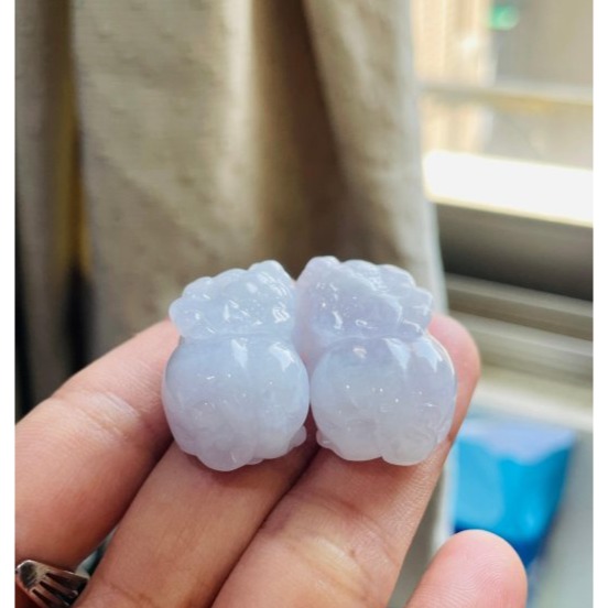 招財守財一對好~天然A貨緬甸玉 冰粉紫手工雕公母貔貅翡翠玉墜(一對) 乾淨淡粉滿底色 晶亮有光澤-細節圖2