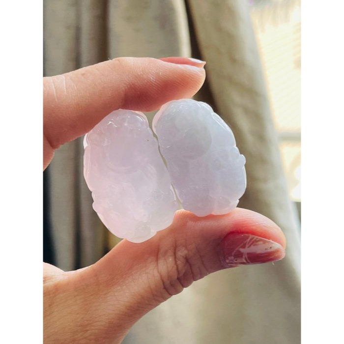 招財守財一對好~天然A貨緬甸玉 冰粉紫手工雕公母貔貅翡翠玉墜(一對) 乾淨淡粉滿底色 晶亮有光澤-細節圖8