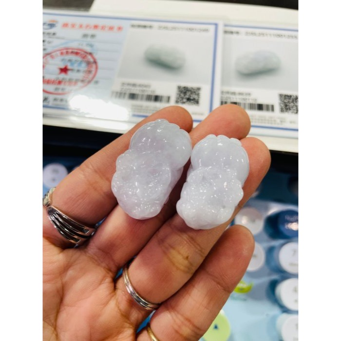 招財守財一對好~天然A貨緬甸玉 冰粉紫手工雕公母貔貅翡翠玉墜(一對) 乾淨淡粉滿底色 晶亮有光澤-細節圖9