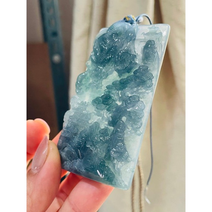 天然A貨玉 冰危綠雙彩鏤空精雕龍行山海翡翠山水牌 透手冰瓜料 滿綠過度紫底色 方正64 牌形-細節圖4