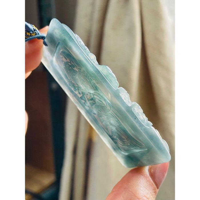 天然A貨玉 冰危綠雙彩鏤空精雕龍行山海翡翠山水牌 透手冰瓜料 滿綠過度紫底色 方正64 牌形-細節圖6