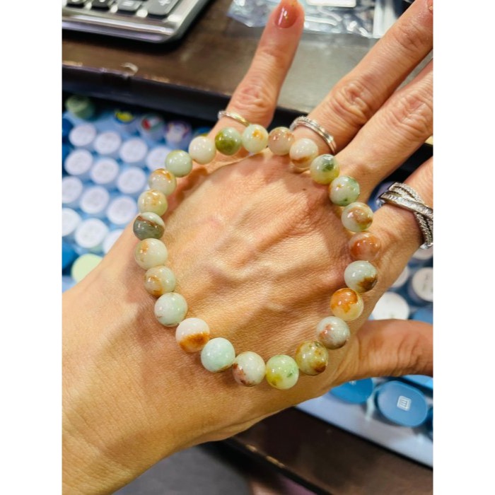 天然A貨緬甸玉 細潤多寶8.3mm圓珠翡翠手串/手鍊17cm手圍 天然紅橘黃綠 顆顆多彩帶色 完美度99%-細節圖9