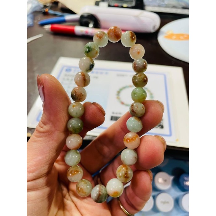 天然A貨緬甸玉 細潤多寶8.3mm圓珠翡翠手串/手鍊17cm手圍 天然紅橘黃綠 顆顆多彩帶色 完美度99%-細節圖10