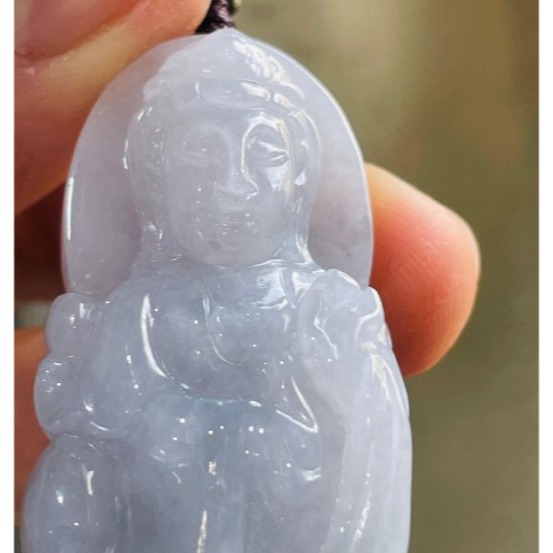 天然A貨緬甸玉 冰潤茄紫送子觀音翡翠佛牌 起冰過底滿茄紫底色 能見紫 厚實透手影-細節圖3