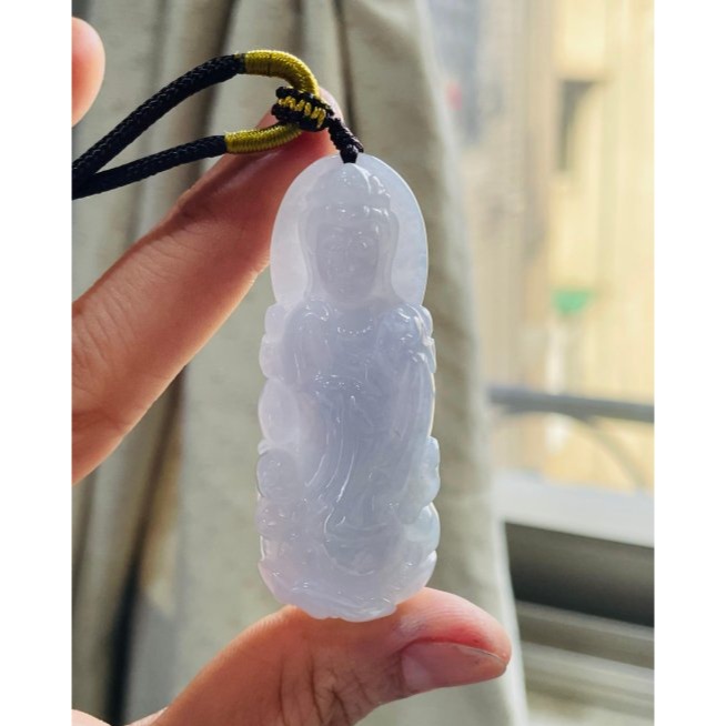 天然A貨緬甸玉 冰潤茄紫送子觀音翡翠佛牌 起冰過底滿茄紫底色 能見紫 厚實透手影-細節圖7