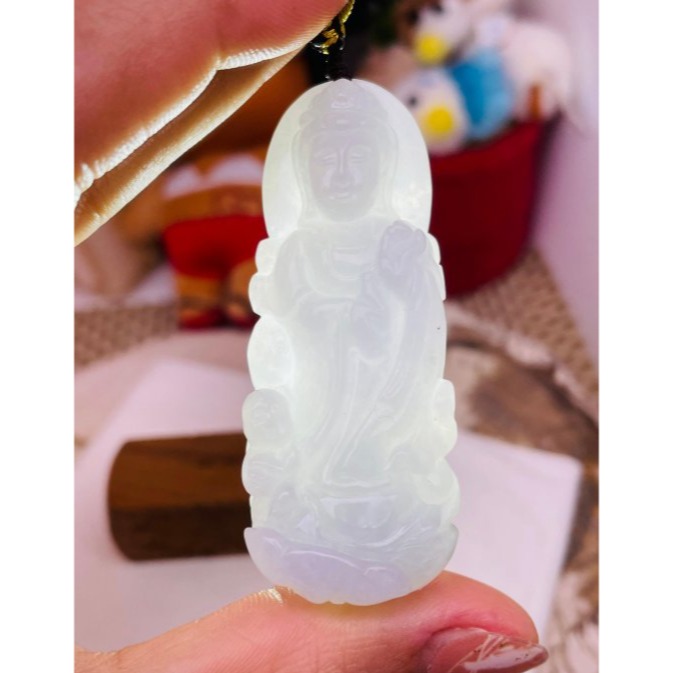 天然A貨緬甸玉 冰潤茄紫送子觀音翡翠佛牌 起冰過底滿茄紫底色 能見紫 厚實透手影-細節圖8