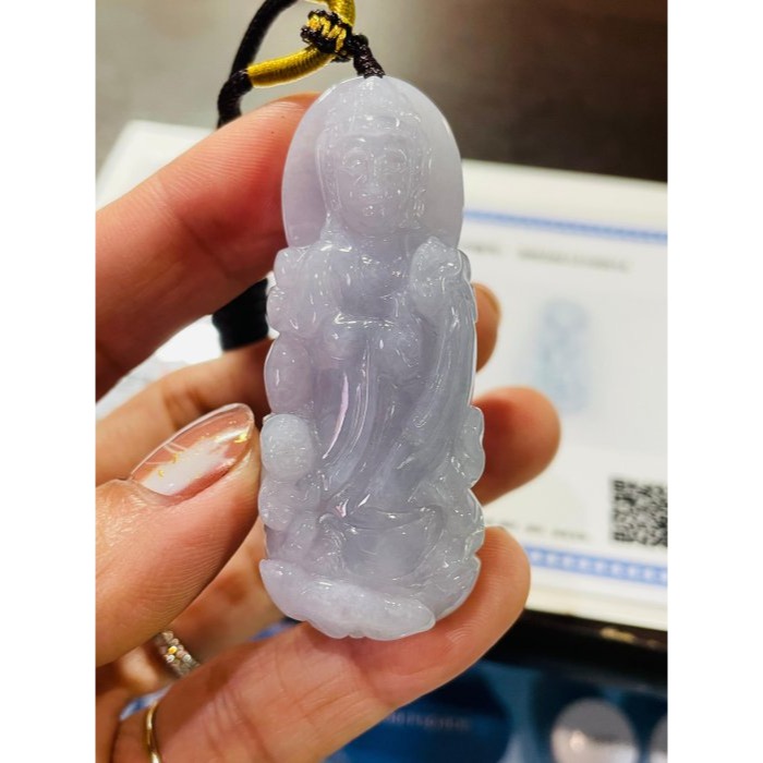 天然A貨緬甸玉 冰潤茄紫送子觀音翡翠佛牌 起冰過底滿茄紫底色 能見紫 厚實透手影-細節圖9