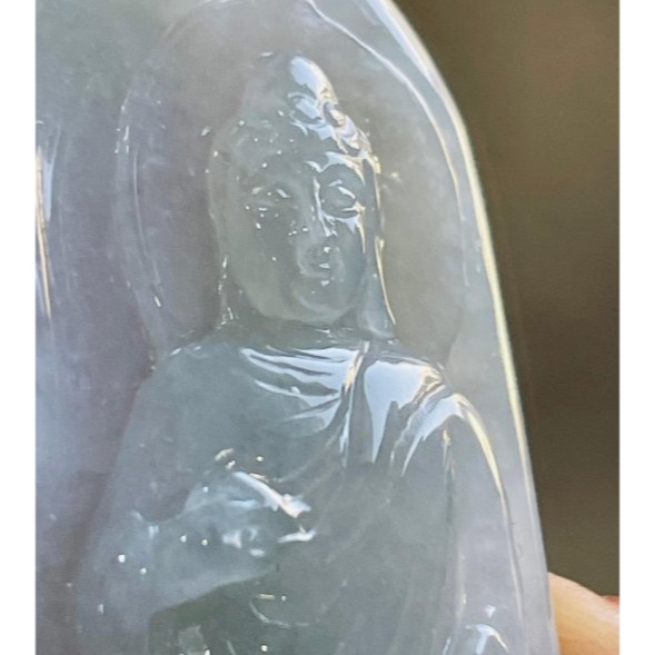 天然A貨緬甸玉 冰春彩帶飄花阿彌陀佛翡翠佛牌 粉春彩底色 藍花增彩 精開慈悲莊嚴法像-細節圖2