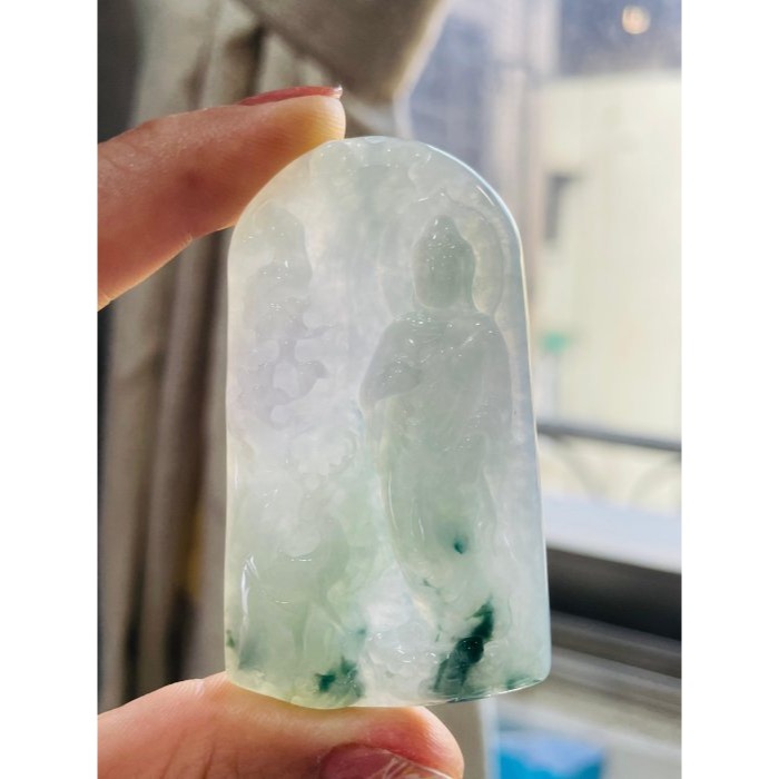 天然A貨緬甸玉 冰春彩帶飄花阿彌陀佛翡翠佛牌 粉春彩底色 藍花增彩 精開慈悲莊嚴法像-細節圖3