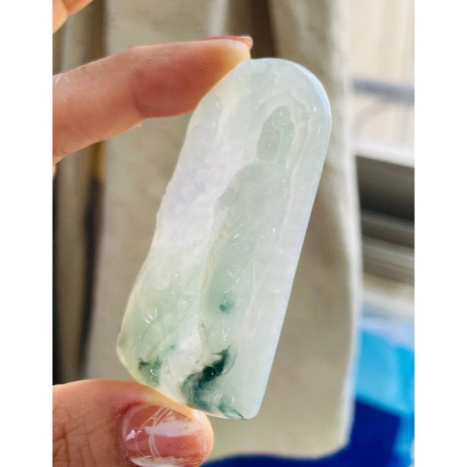 天然A貨緬甸玉 冰春彩帶飄花阿彌陀佛翡翠佛牌 粉春彩底色 藍花增彩 精開慈悲莊嚴法像-細節圖4