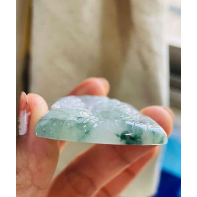 天然A貨緬甸玉 冰春彩帶飄花阿彌陀佛翡翠佛牌 粉春彩底色 藍花增彩 精開慈悲莊嚴法像-細節圖5