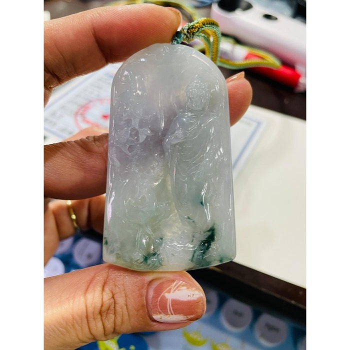 天然A貨緬甸玉 冰春彩帶飄花阿彌陀佛翡翠佛牌 粉春彩底色 藍花增彩 精開慈悲莊嚴法像-細節圖10