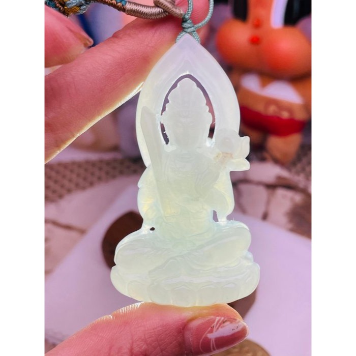 天然A貨緬甸玉 老坑晴藍俏金鏤空雕虛空藏菩薩翡翠佛墜 冰起膠底妝 淡藍帶灑金 立體透雕 精開莊嚴慈悲法像-細節圖9