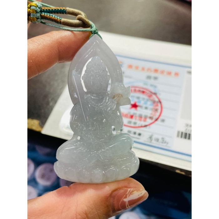 天然A貨緬甸玉 老坑晴藍俏金鏤空雕虛空藏菩薩翡翠佛墜 冰起膠底妝 淡藍帶灑金 立體透雕 精開莊嚴慈悲法像-細節圖10