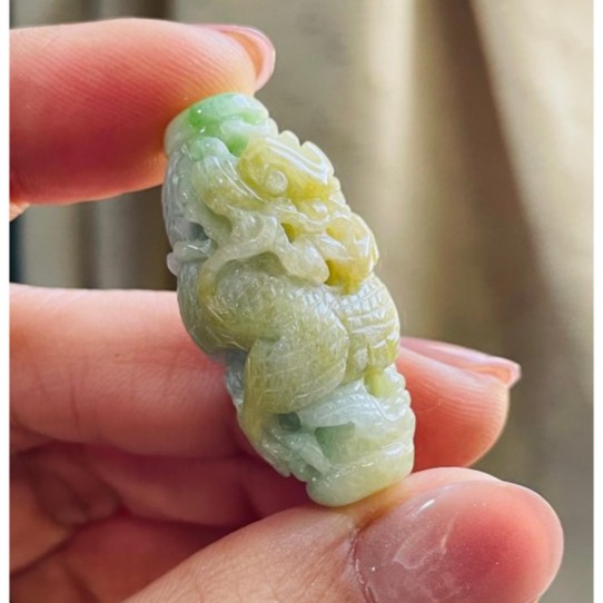 天然A貨緬甸玉 冰潤黃加綠三彩手工環繞巧雕一條龍翡翠天珠 起冰黃霧巧金龍 鮮亮果綠增彩-細節圖2