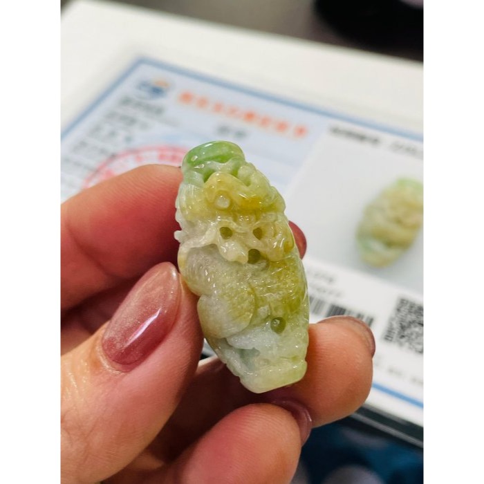 天然A貨緬甸玉 冰潤黃加綠三彩手工環繞巧雕一條龍翡翠天珠 起冰黃霧巧金龍 鮮亮果綠增彩-細節圖8