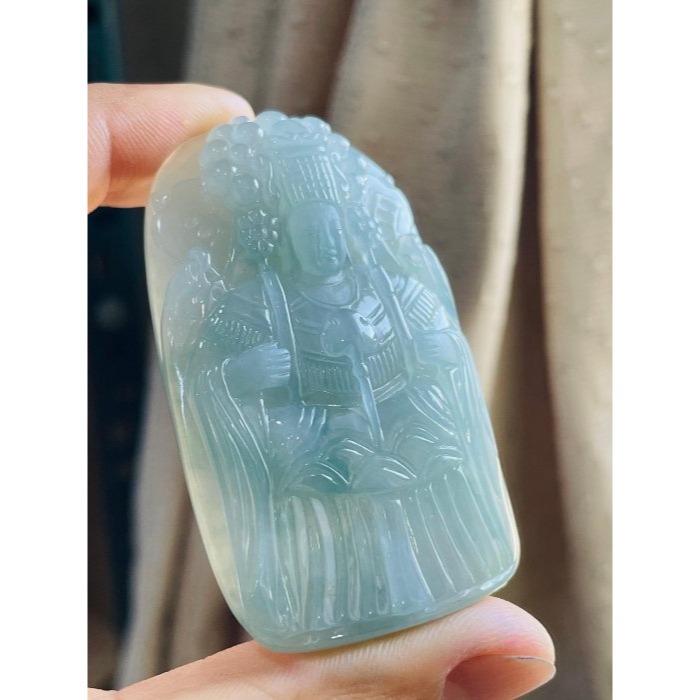 天然A貨緬甸玉 老坑藍綠飄花精工獨家版天上聖母/媽祖翡翠佛牌 冰膠底妝 透手滿綠底色 精開慈悲法像 磨砂雙工 附台証-細節圖4