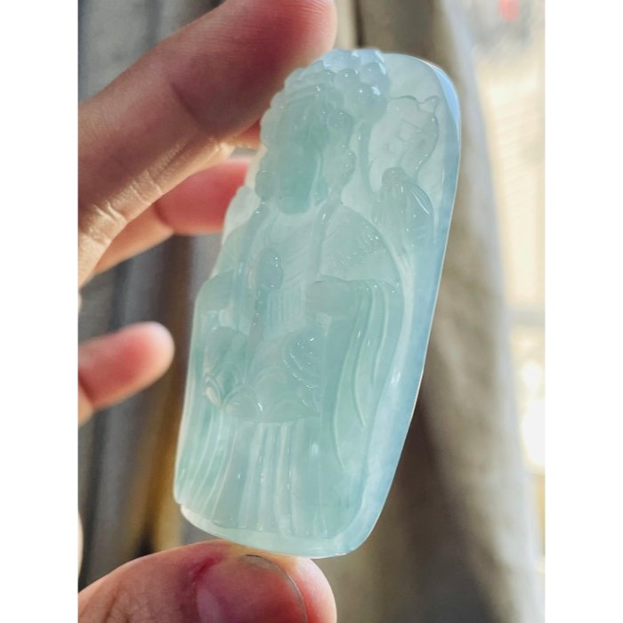 天然A貨緬甸玉 老坑藍綠飄花精工獨家版天上聖母/媽祖翡翠佛牌 冰膠底妝 透手滿綠底色 精開慈悲法像 磨砂雙工 附台証-細節圖5