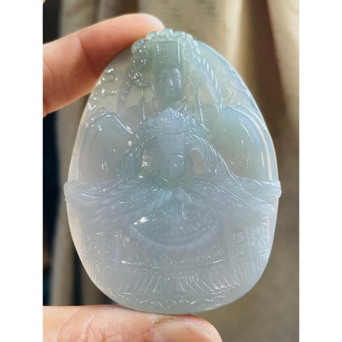 天然A貨緬甸玉 老坑藍綠精工獨家版天上聖母/雙媽祖翡翠佛牌 起光感滿色冰膠底妝 雙尊天后盛裝 法像重工精開雙拋 附台証-細節圖2