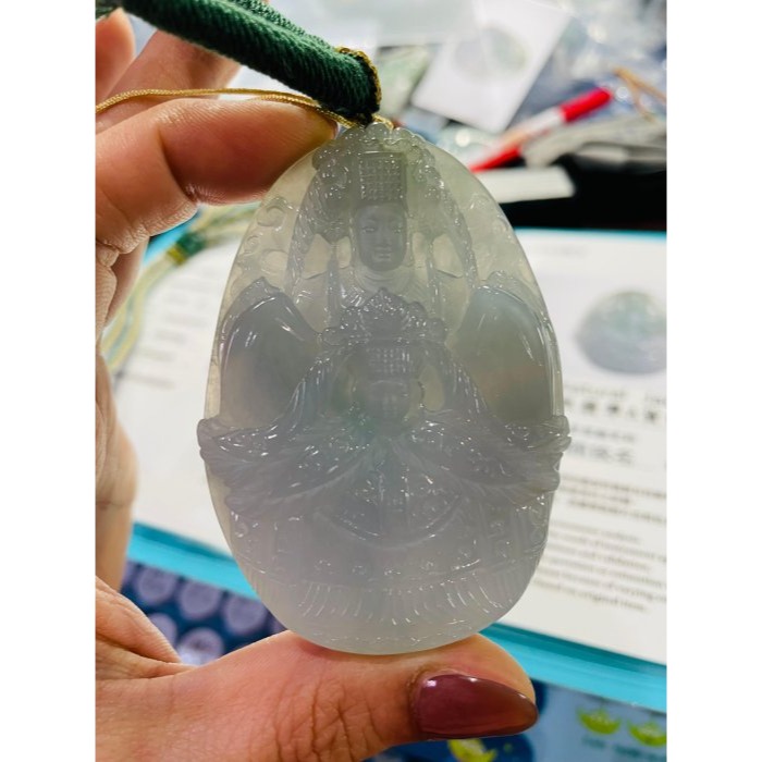 天然A貨緬甸玉 老坑藍綠精工獨家版天上聖母/雙媽祖翡翠佛牌 起光感滿色冰膠底妝 雙尊天后盛裝 法像重工精開雙拋 附台証-細節圖10