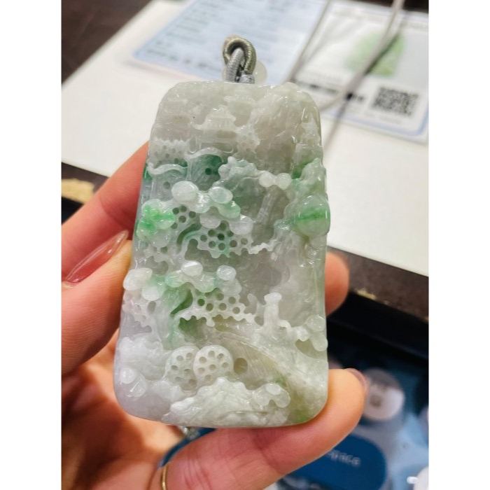 天然A貨緬甸玉 莫西沙 冰潤白底青意境雕天青垂水翡翠山水牌 過底金絲綠 色辣陽透光 牌型方正 工藝立體-細節圖9