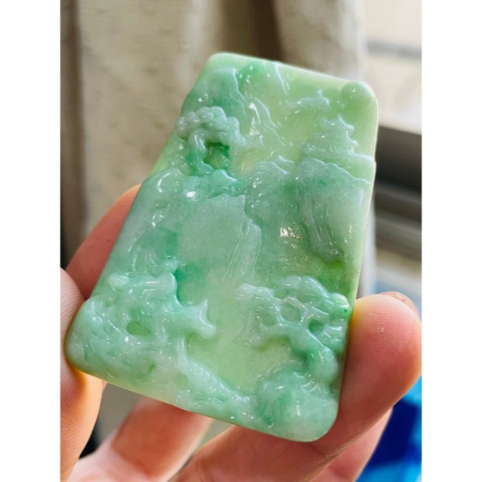 圈粉結緣價~天然A貨緬甸玉 滿色果綠帶飄花山高水長翡翠山水牌 鮮亮果綠滿底色  靈動綠花增彩-細節圖3