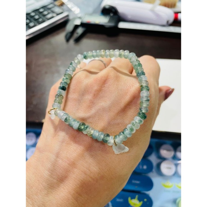 天然A貨緬甸玉 放光 冰飄花5mm算盤珠翡翠手串/手鍊16cm手圍 泛光透繩 飄花靈動帶色多 完美度95%-細節圖9