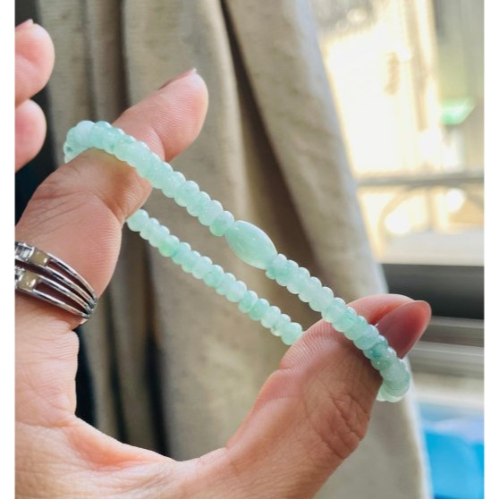 天然A貨緬甸玉 冰綠飄花4.8mm算盤珠翡翠手串/手鍊15cm手圍 起冰果綠底色帶綠花 6咪頂珠增彩-細節圖2