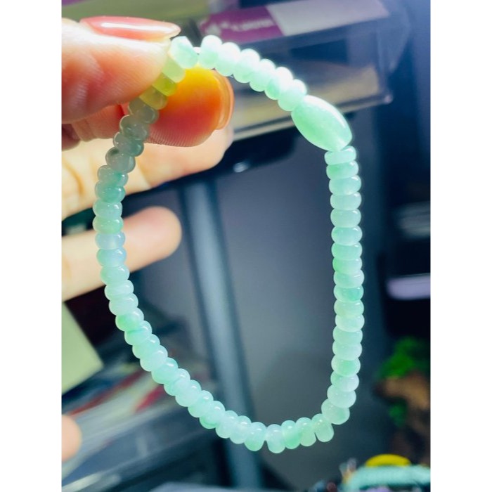 天然A貨緬甸玉 冰綠飄花4.8mm算盤珠翡翠手串/手鍊15cm手圍 起冰果綠底色帶綠花 6咪頂珠增彩-細節圖9