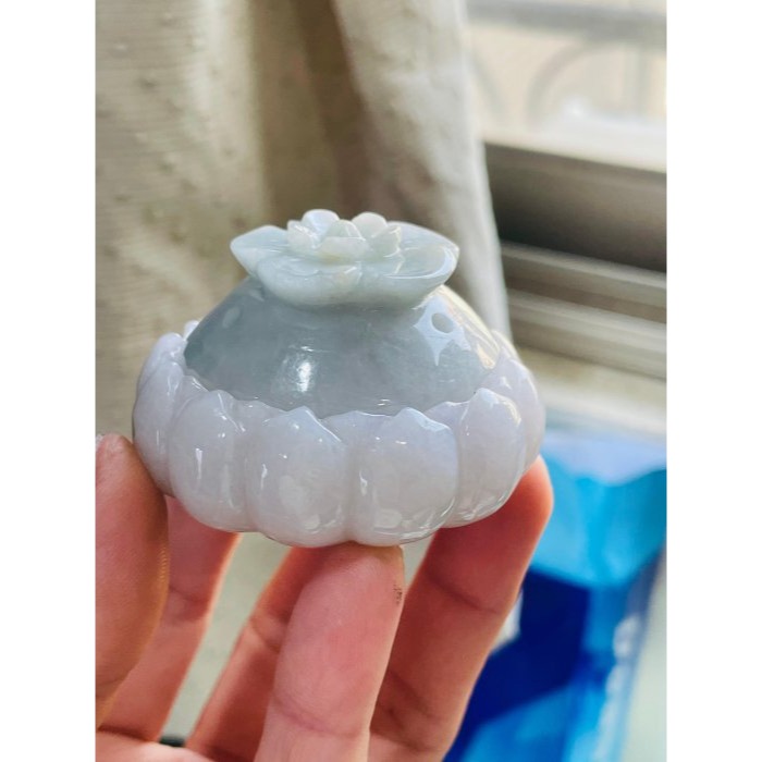 天然A貨緬甸玉 細潤雙彩花開富貴蓮花翡翠香插/線香爐 透光滿色粉紫.粉綠色清爽淡雅-細節圖2