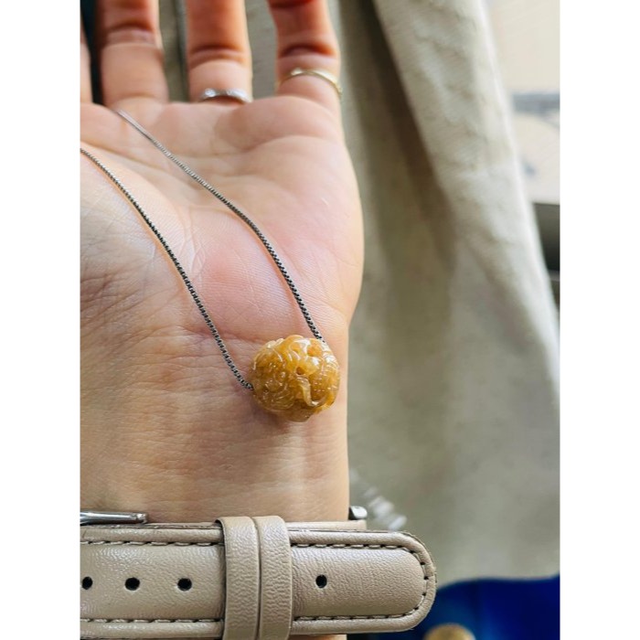 天然A貨緬甸玉 冰潤蜜糖黃手工環繞微雕一條龍翡翠龍珠 老熟冰帶油潤 滿色琥珀蜜黃肉-細節圖2