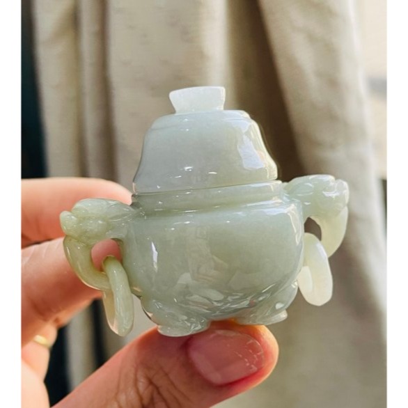 天然A貨緬甸玉 溫潤黃加綠手工雕香火鼎盛翡翠香爐/鼎 龍首雙耳帶活環 扎實細膩老料全透光-細節圖2