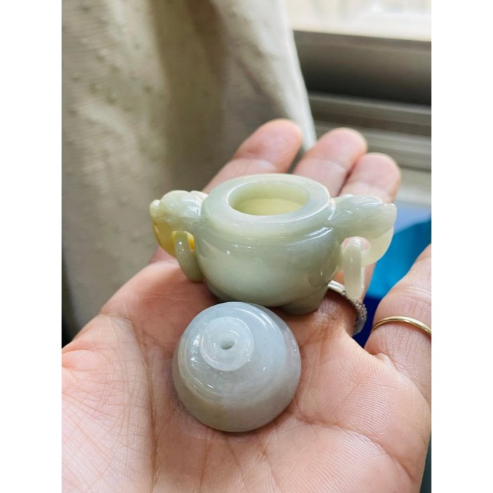 天然A貨緬甸玉 溫潤黃加綠手工雕香火鼎盛翡翠香爐/鼎 龍首雙耳帶活環 扎實細膩老料全透光-細節圖3