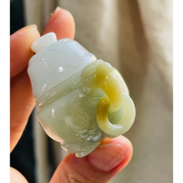 天然A貨緬甸玉 溫潤黃加綠手工雕香火鼎盛翡翠香爐/鼎 龍首雙耳帶活環 扎實細膩老料全透光-細節圖4
