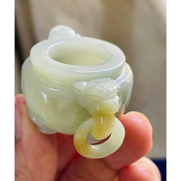 天然A貨緬甸玉 溫潤黃加綠手工雕香火鼎盛翡翠香爐/鼎 龍首雙耳帶活環 扎實細膩老料全透光-細節圖6