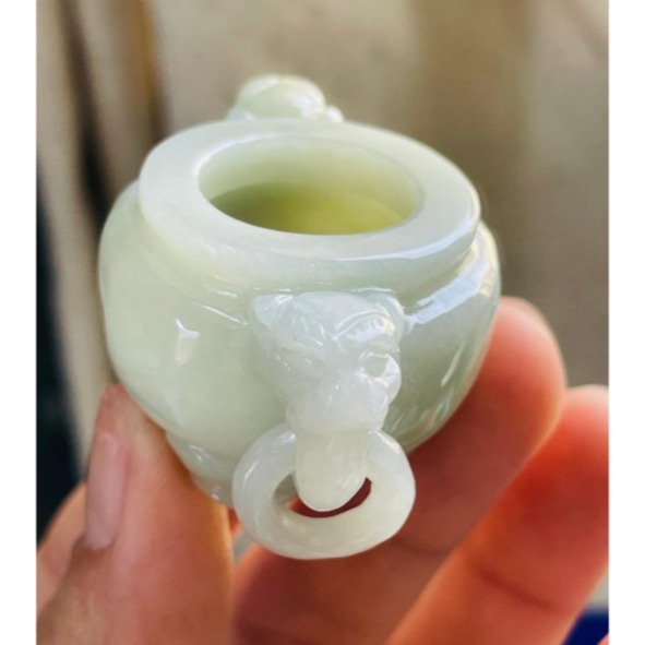 天然A貨緬甸玉 溫潤黃加綠手工雕香火鼎盛翡翠香爐/鼎 龍首雙耳帶活環 扎實細膩老料全透光-細節圖7
