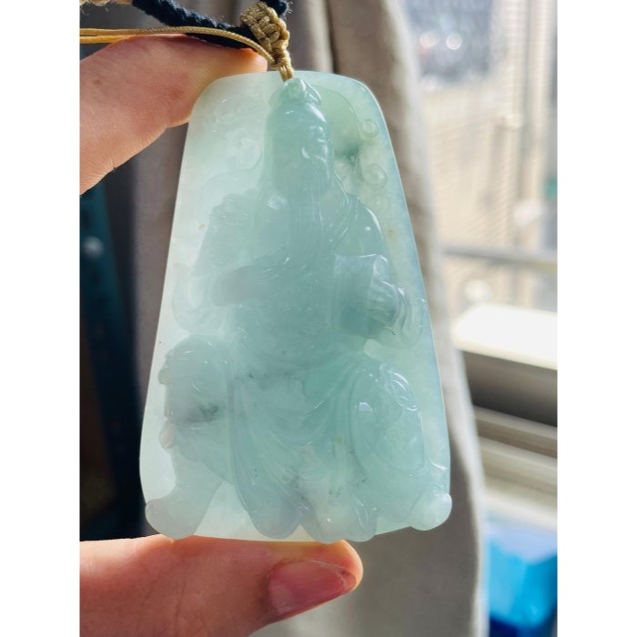天然A貨緬甸玉 冰潤青綠精工雕文武關公翡翠玉牌 鮮亮青綠底色 膠潤底庄 法像精開磨砂雙拋工 大器74牌形-細節圖3