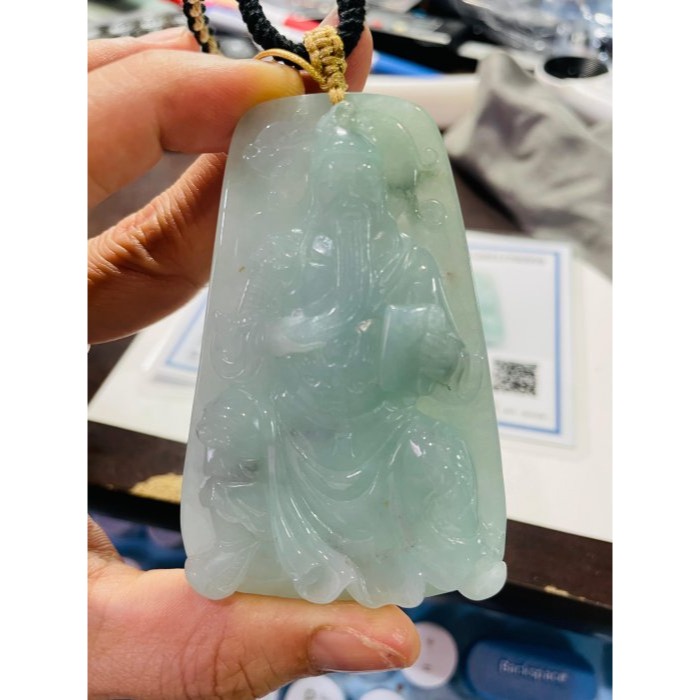 天然A貨緬甸玉 冰潤青綠精工雕文武關公翡翠玉牌 鮮亮青綠底色 膠潤底庄 法像精開磨砂雙拋工 大器74牌形-細節圖10
