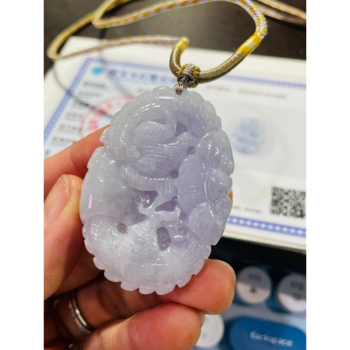 天然A貨緬甸玉 冰潤亮紫360度環繞滿雕好運攏來翡翠龍牌 起冰聚色亮紫巧全龍 爪踏如意 背藏靈芝 厚亮透影-細節圖10