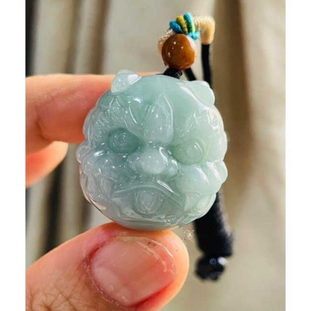 天然A貨緬甸玉 老坑藍綠360度全立體雕饕餮翡翠玉墜 膠潤勻稱滿底色 招財避邪特色雕件-細節圖2