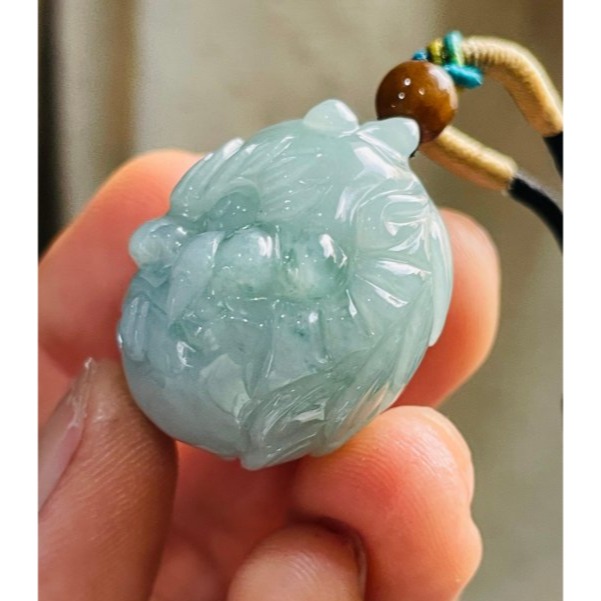 天然A貨緬甸玉 老坑藍綠360度全立體雕饕餮翡翠玉墜 膠潤勻稱滿底色 招財避邪特色雕件-細節圖6