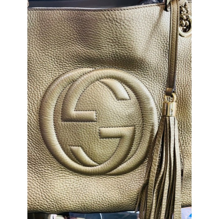 92成新正品~GUCCI 香檳金荔枝紋牛皮Soho鍊條肩包/側背兩用包 附防塵袋 大包 皮軟 不肩帶好背好背-細節圖3