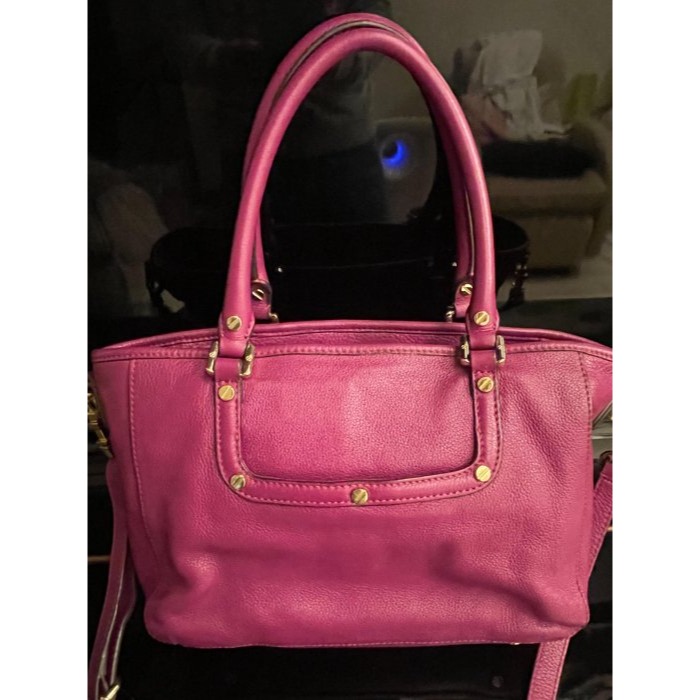 92成新正品~TORY BURCH TB葡萄紫荔枝紋全牛皮托特包/斜背兩用包 軟厚牛皮耐用 乾淨無需整理-細節圖2