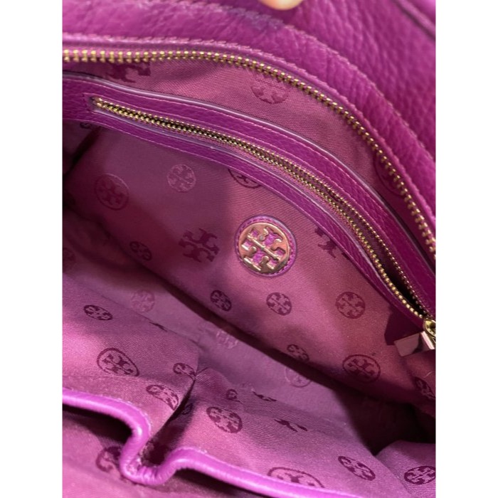 92成新正品~TORY BURCH TB葡萄紫荔枝紋全牛皮托特包/斜背兩用包 軟厚牛皮耐用 乾淨無需整理-細節圖3