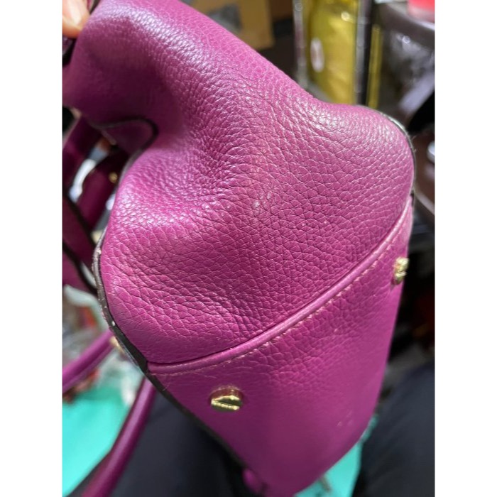 92成新正品~TORY BURCH TB葡萄紫荔枝紋全牛皮托特包/斜背兩用包 軟厚牛皮耐用 乾淨無需整理-細節圖6