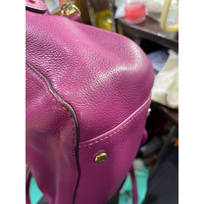 92成新正品~TORY BURCH TB葡萄紫荔枝紋全牛皮托特包/斜背兩用包 軟厚牛皮耐用 乾淨無需整理-細節圖7