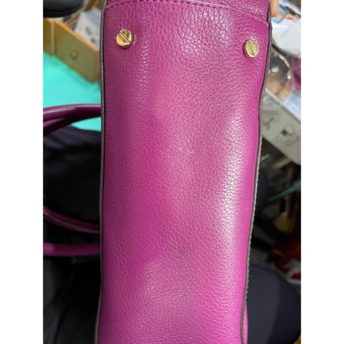 92成新正品~TORY BURCH TB葡萄紫荔枝紋全牛皮托特包/斜背兩用包 軟厚牛皮耐用 乾淨無需整理-細節圖8