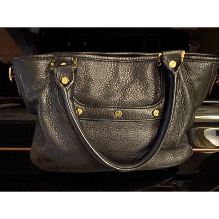 92成新正品~TORY BURCH 大TB logo黑色荔枝紋全牛皮托特包/斜背兩用包 軟厚牛皮乾淨無損傷-細節圖2